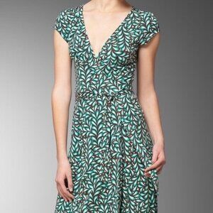 Diane Von Furstenberg Blue and Brown Leaf Print Midi Dress